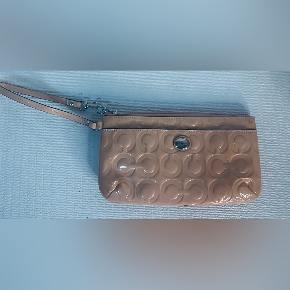 Coach Mauve Pink Patent Leather Debossed Zip Wristlet Wallet
